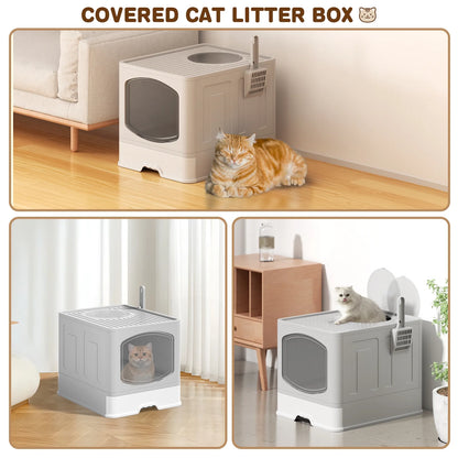 Large Foldable Cat Litter Box with Scoop, Front Entry Top Exit Cat Litter Pan with Lid, Enclosed Anti-Splashing Kitty Litter Box, Drawer Type Cat Litter Easy Cleaning and Scoop, Gray