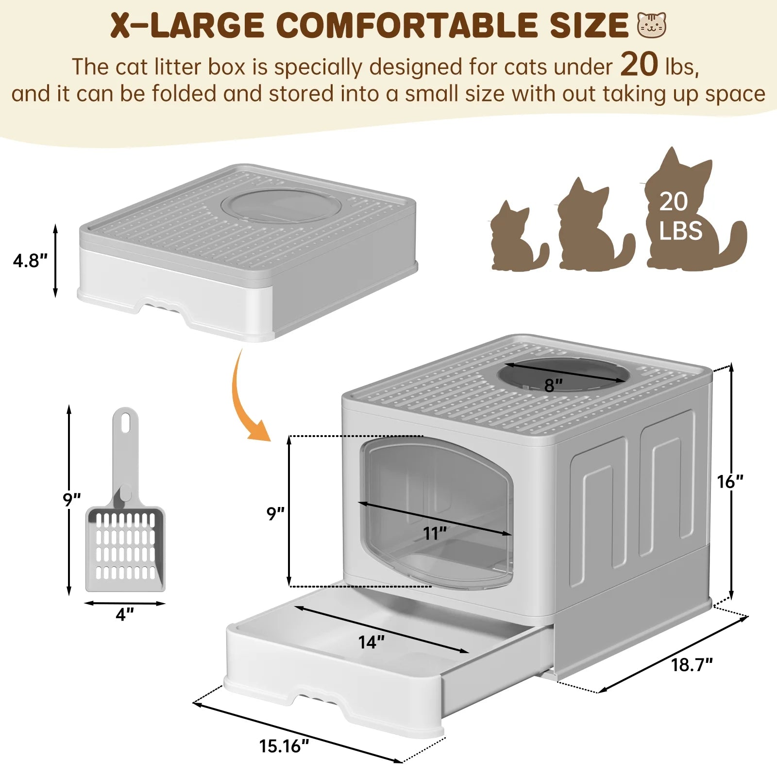 Large Foldable Cat Litter Box with Scoop, Front Entry Top Exit Cat Litter Pan with Lid, Enclosed Anti-Splashing Kitty Litter Box, Drawer Type Cat Litter Easy Cleaning and Scoop, Gray