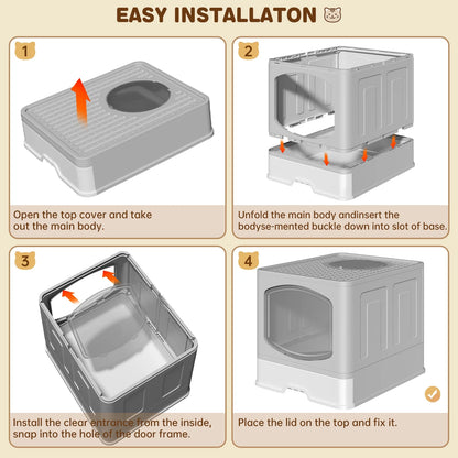 Large Foldable Cat Litter Box with Scoop, Front Entry Top Exit Cat Litter Pan with Lid, Enclosed Anti-Splashing Kitty Litter Box, Drawer Type Cat Litter Easy Cleaning and Scoop, Gray